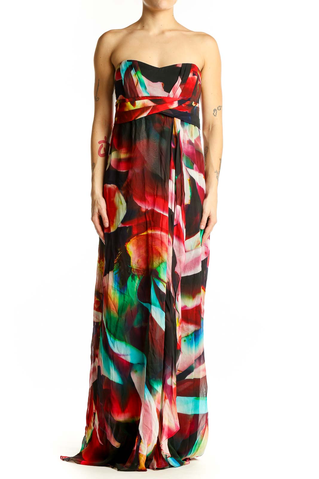 Multicolor Abstract Print Strapless Maxi Dress Front