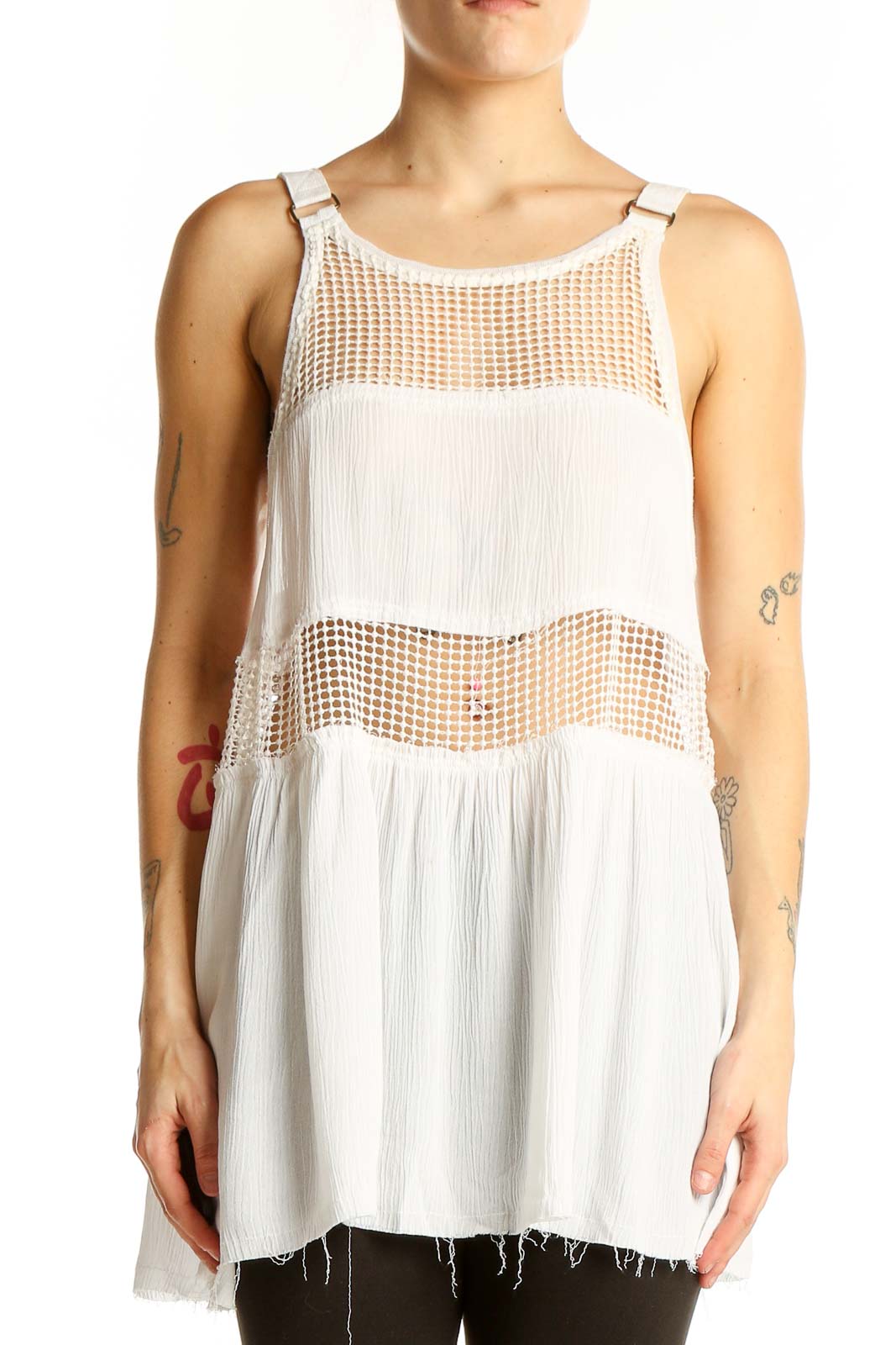 White Sheer Mesh Panel Flowy Tank Top Front