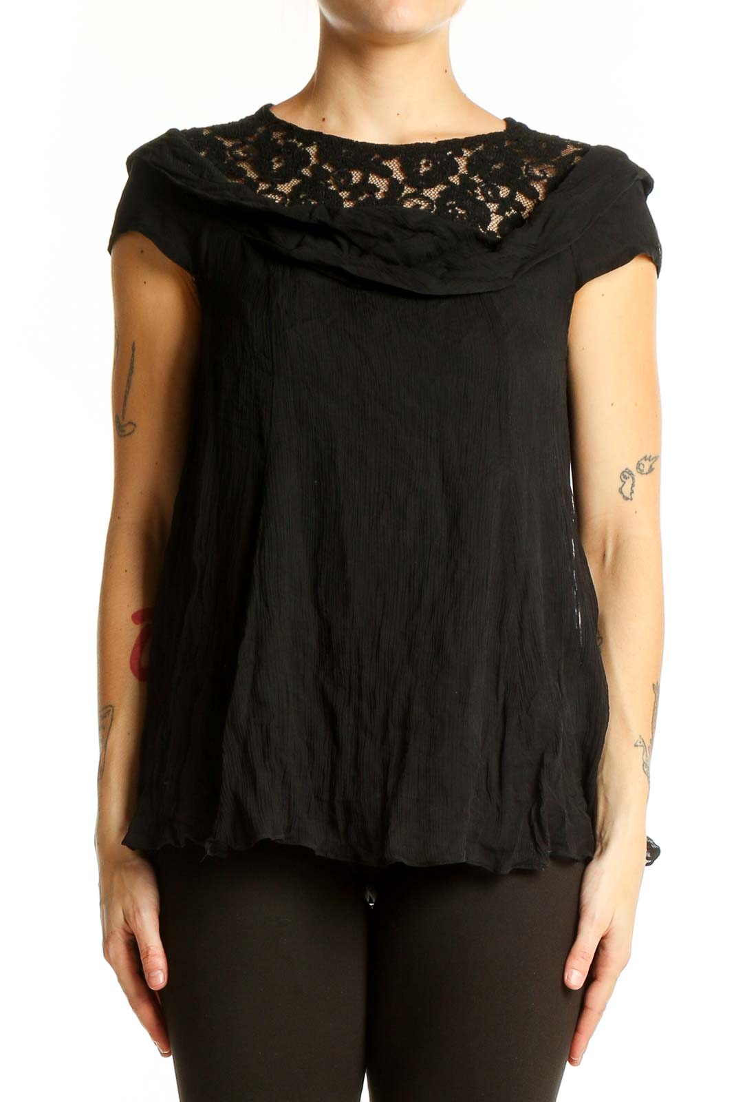 Black Lace-Trimmed Flowy Top Front