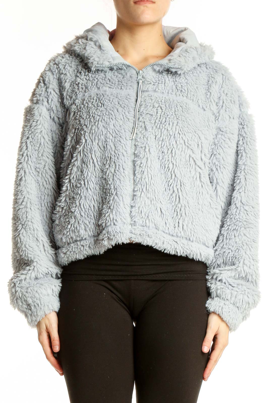 Gray Fluffy Cropped Zip-Up Hoodie Front