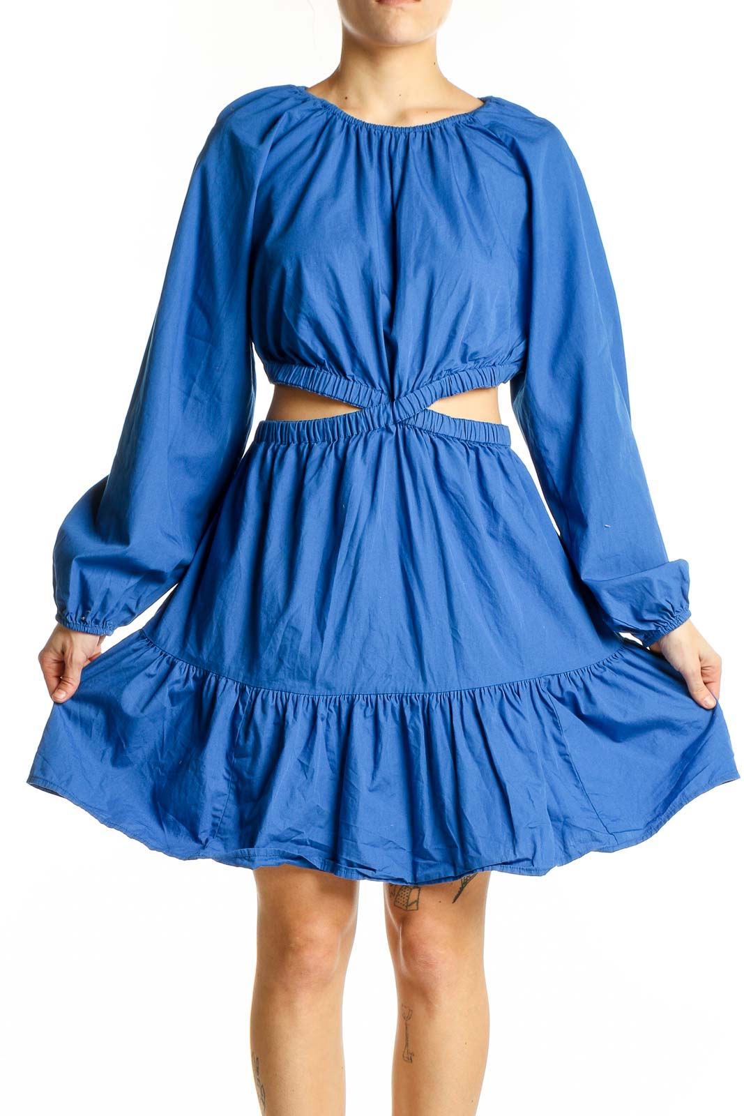 Blue Cotton Cut-Out Midi Dress Front