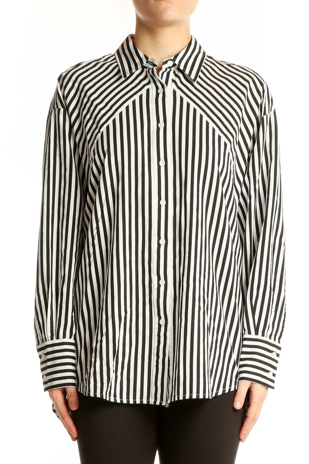 Black and White Striped Button-Up Shirt Front