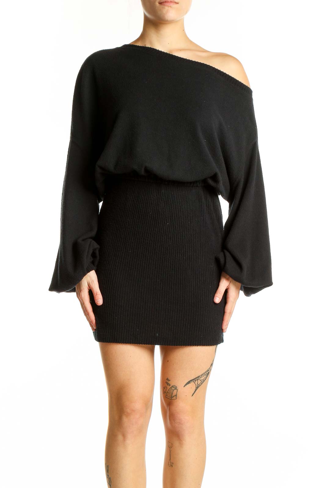 Black Off-Shoulder Ribbed Mini Dress Front