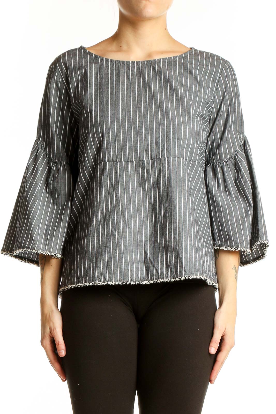 Gray Striped Bell Sleeve Top Front