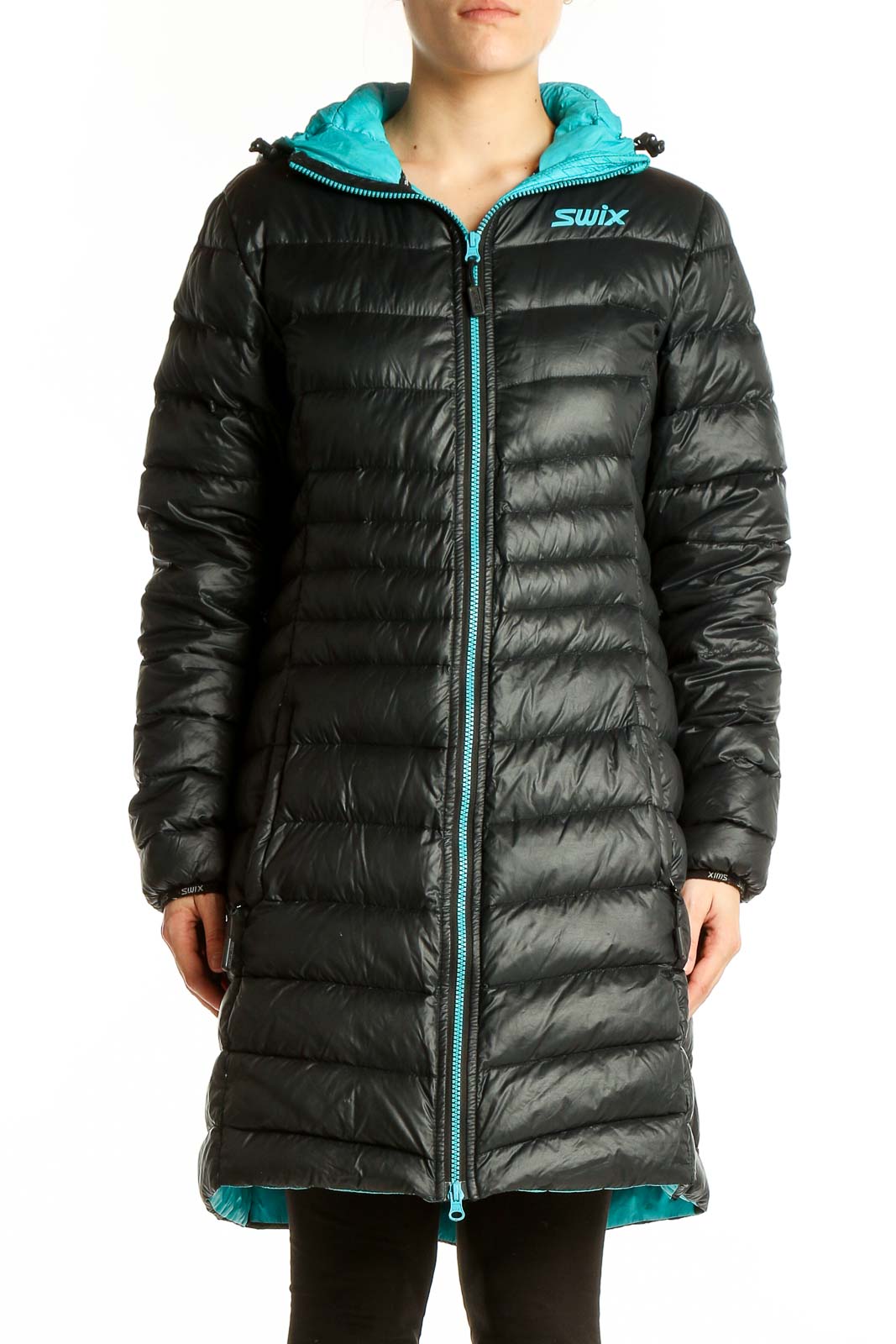 Black Quilted Long Puffer Jacket Front