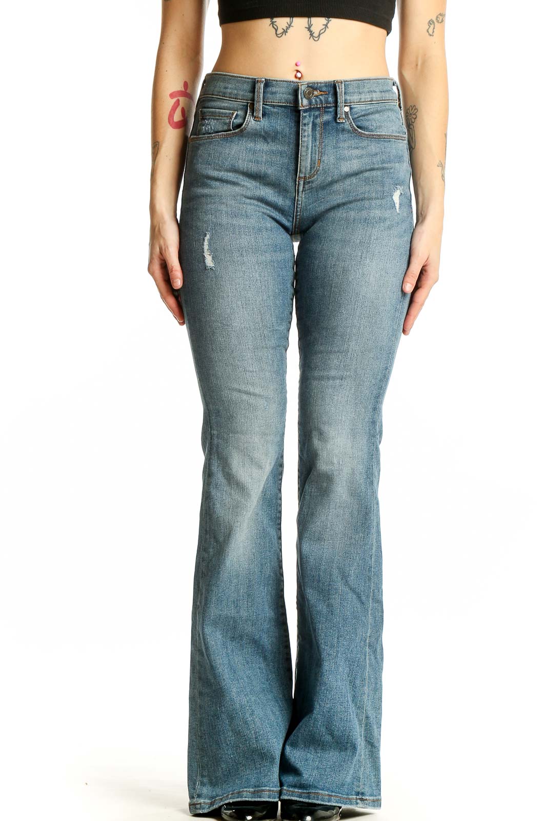 Blue Distressed Flare Jeans Front