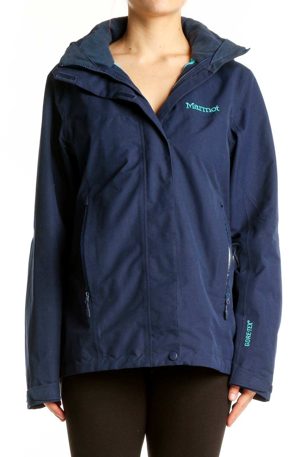 Navy Polyester Waterproof Hooded Jacket Front