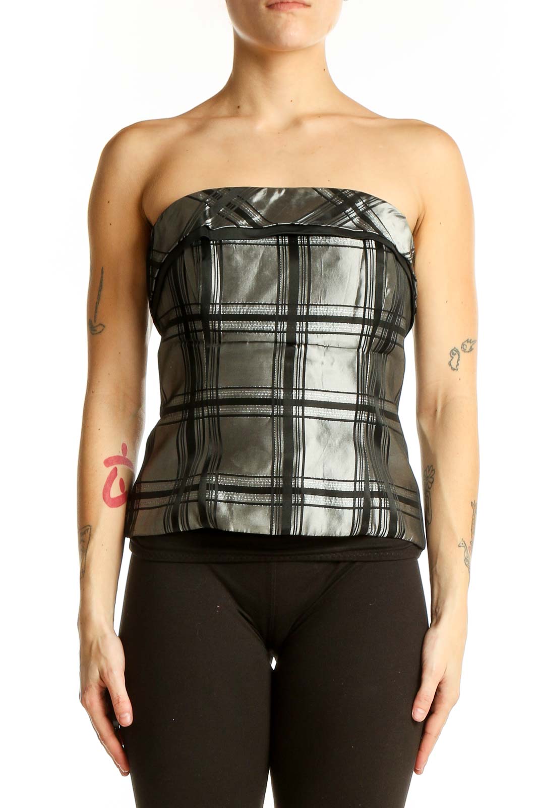 Silver Metallic Plaid Strapless Top Front