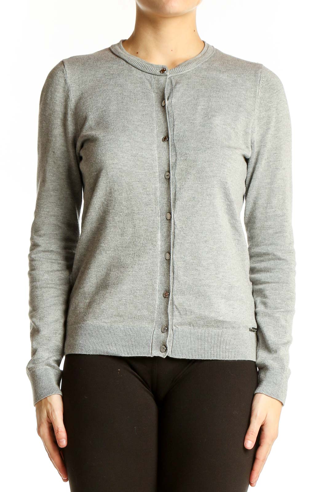 Gray Nylon-Rayon Blend Cardigan Front