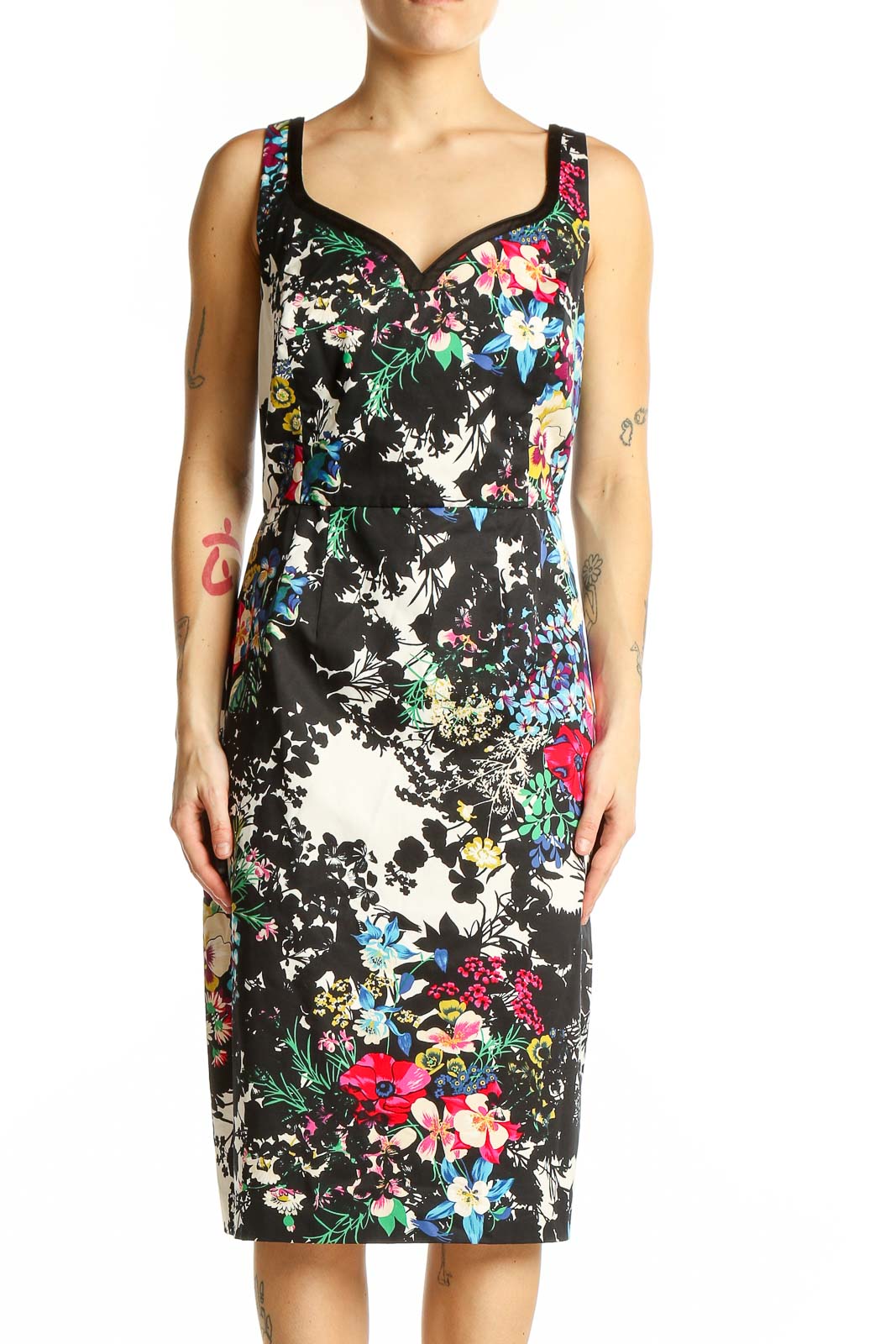 Black Floral Print Cotton Lycra Dress Front