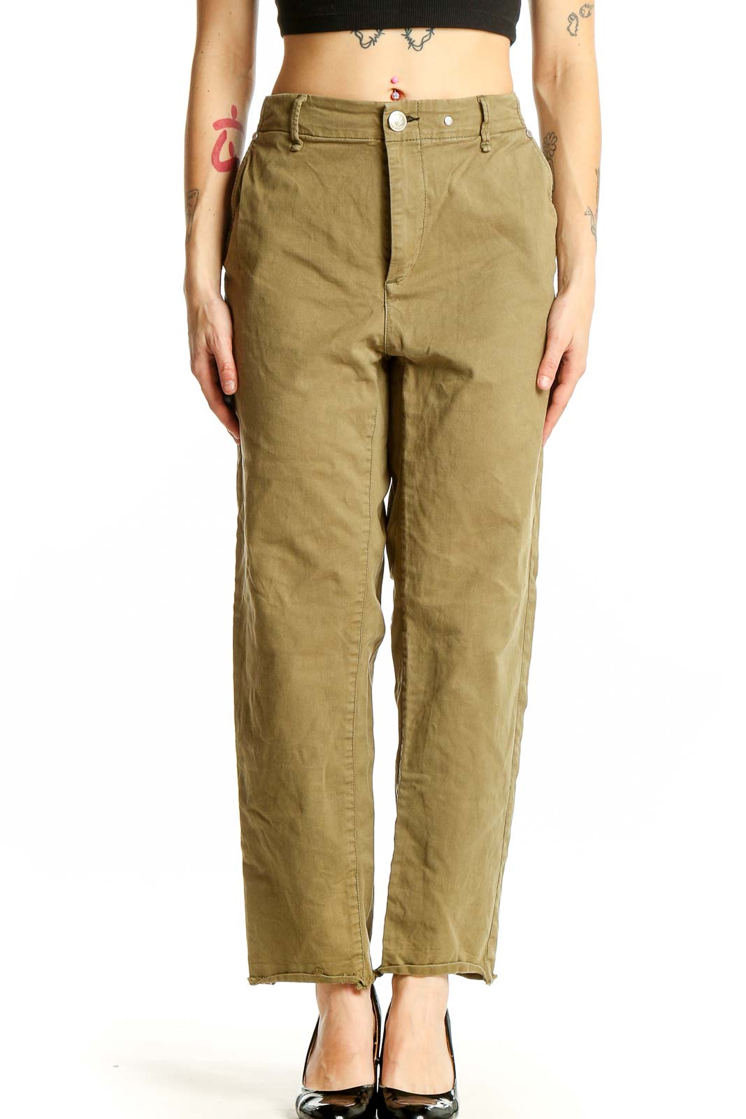Olive High-Waisted Cotton Blend Pants Front