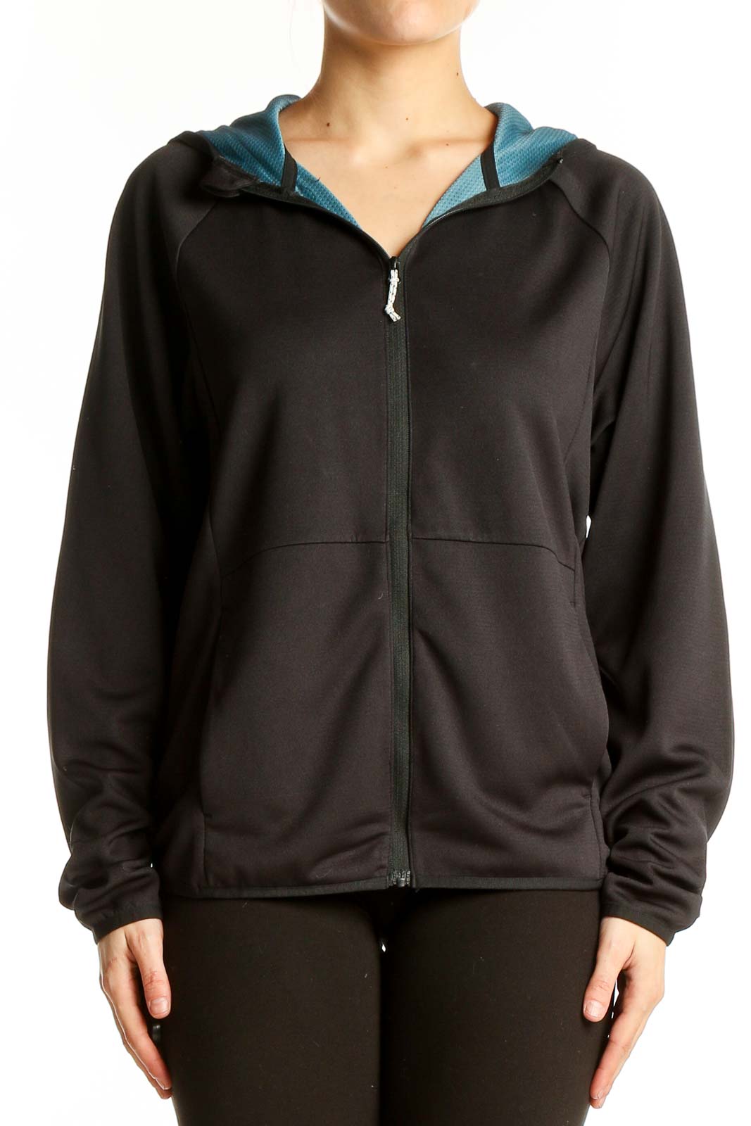 Black Polyester Zip-Up Activewear Hoodie Front