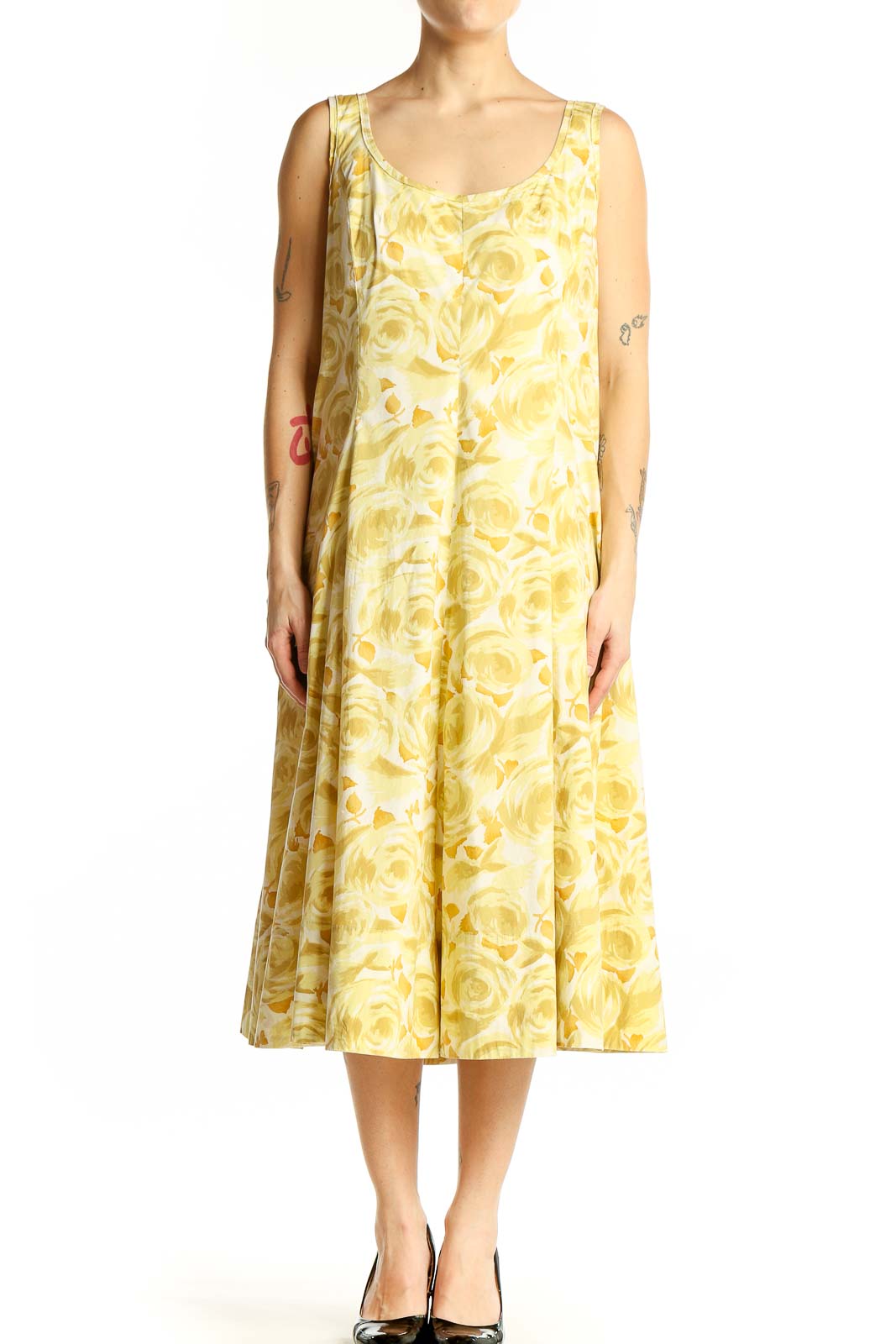 Yellow Floral Cotton Blend Midi Dress Front