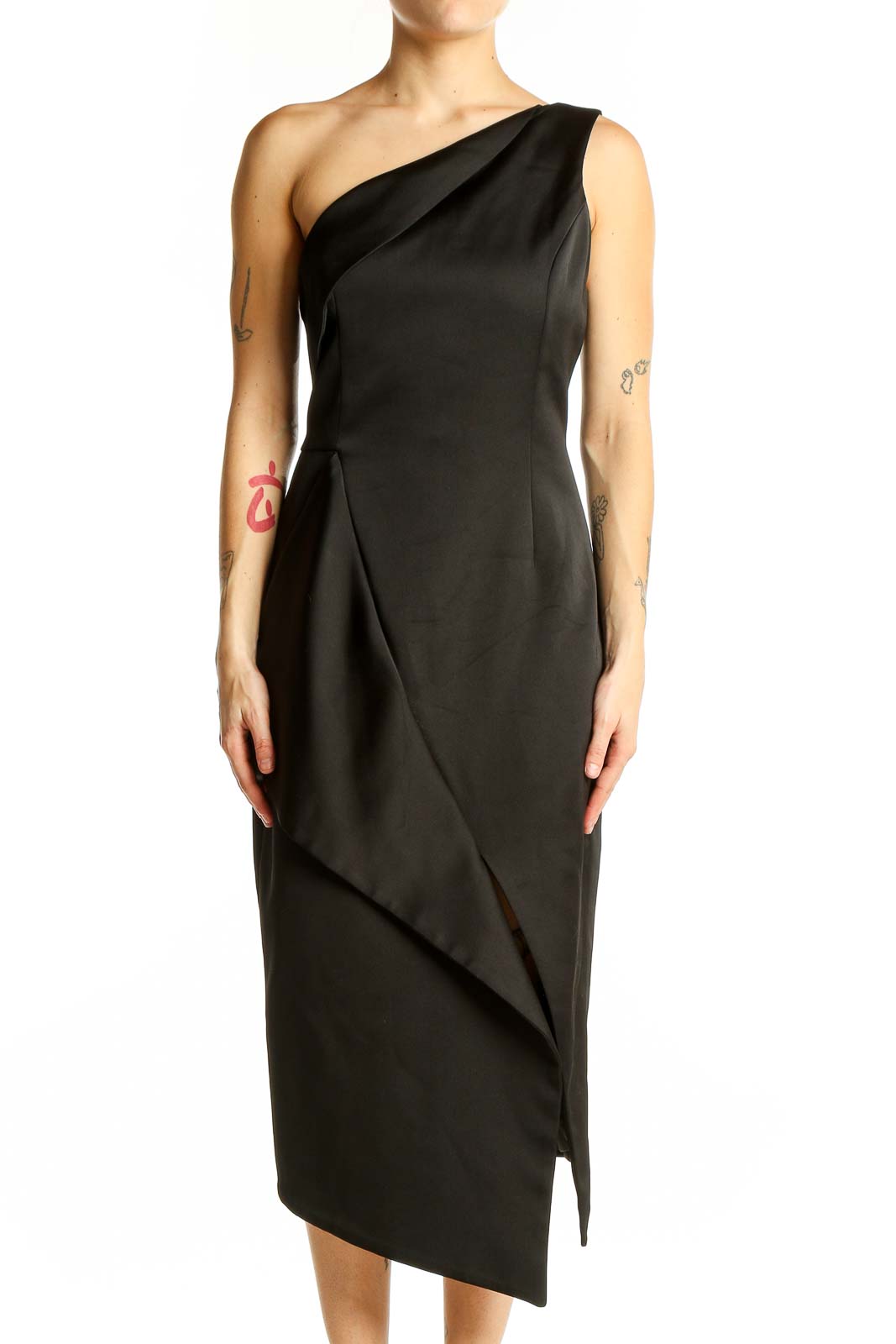 Black One-Shoulder Asymmetric Midi Dress Front