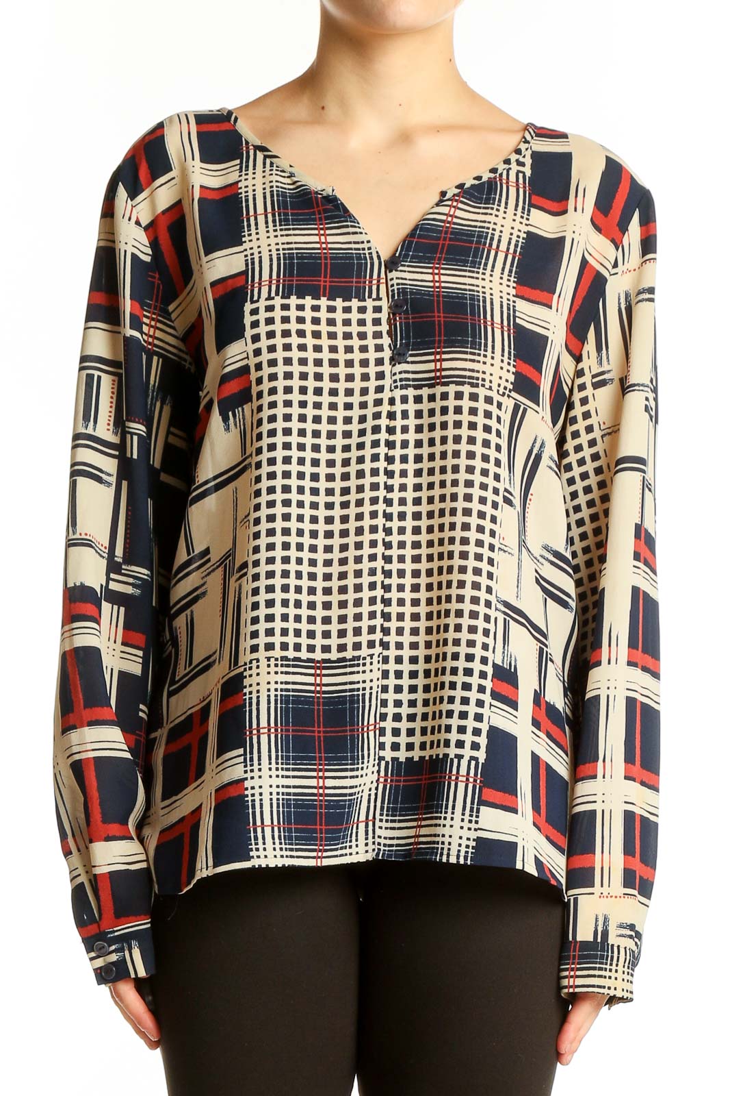 Navy Geometric Print Long Sleeve Blouse Front