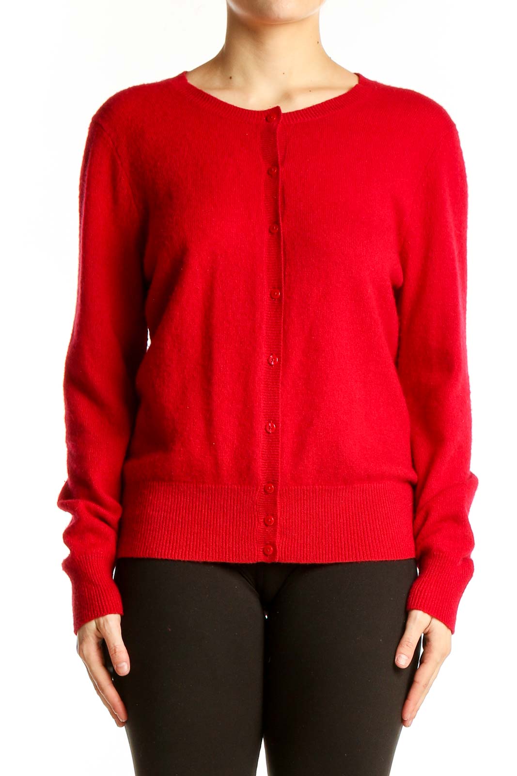Red Cashmere Button-Up Cardigan Front