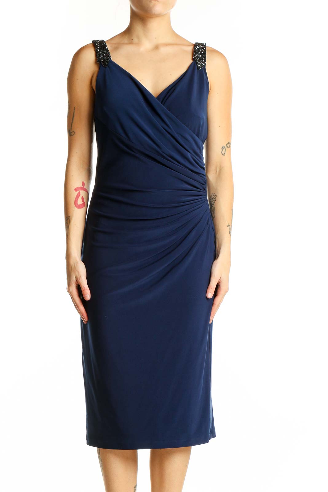 Navy Elegant Ruched Cocktail Dress Front