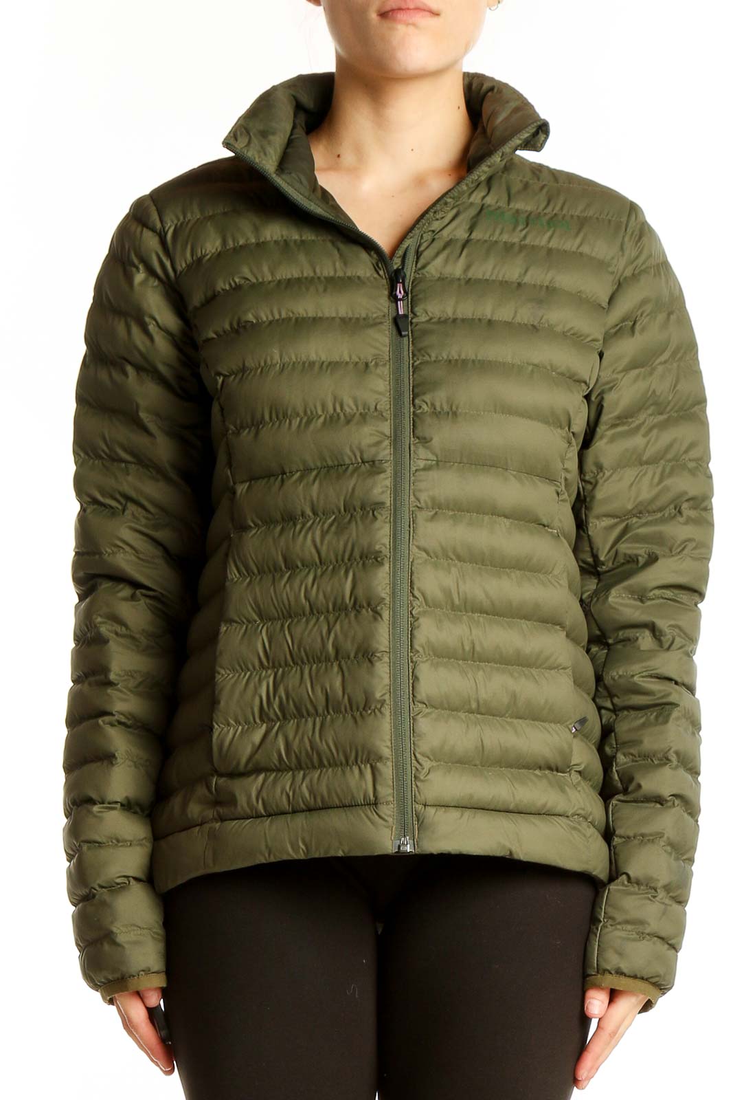Olive Green Quilted Puffer Jacket Front