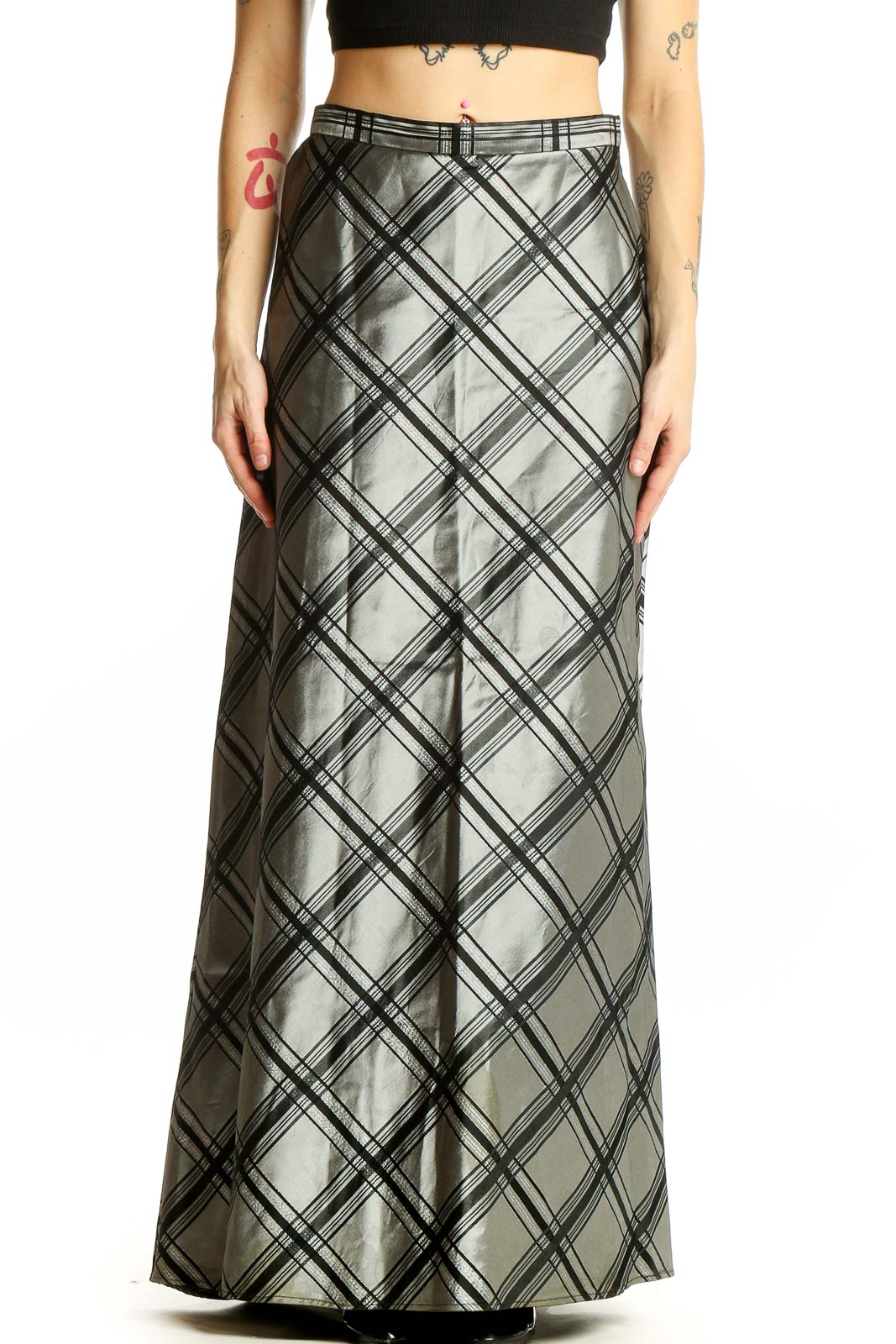 Silver Metallic Plaid Maxi Skirt Front