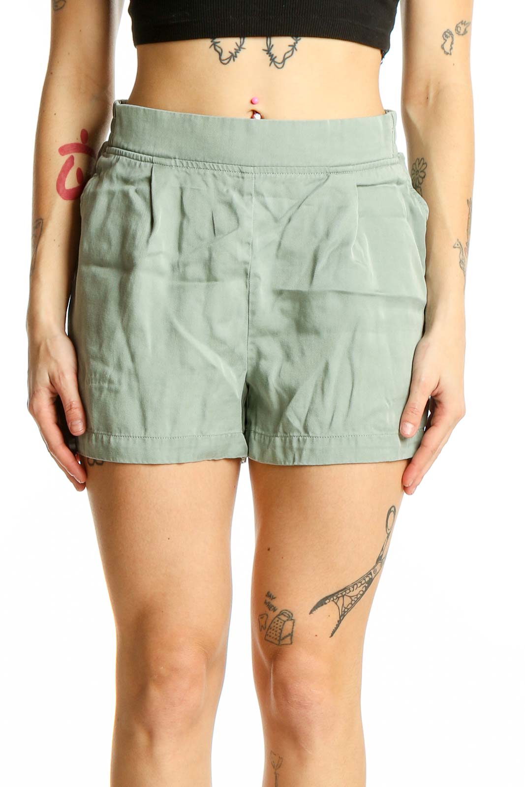 Sage Green Lyocell Pleated Shorts Front