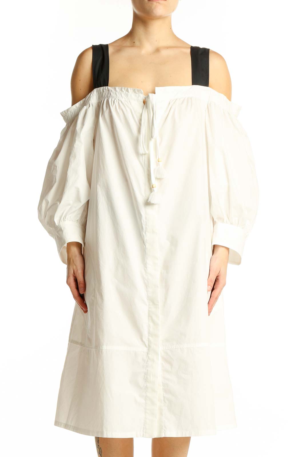 White Off-Shoulder Cotton Midi Dress Front