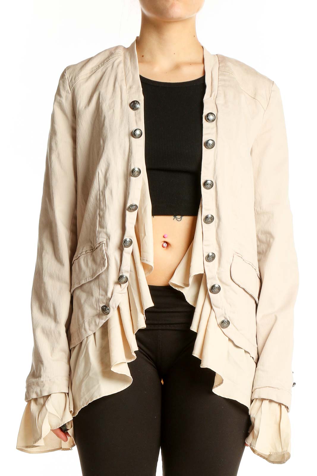 Beige Ruffled Military-Style Jacket Front
