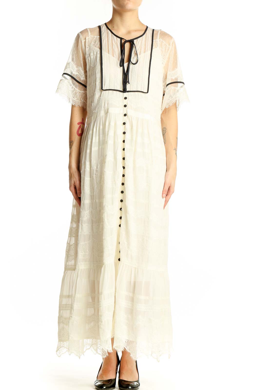 Ivory Lace-Trimmed Maxi Dress Front