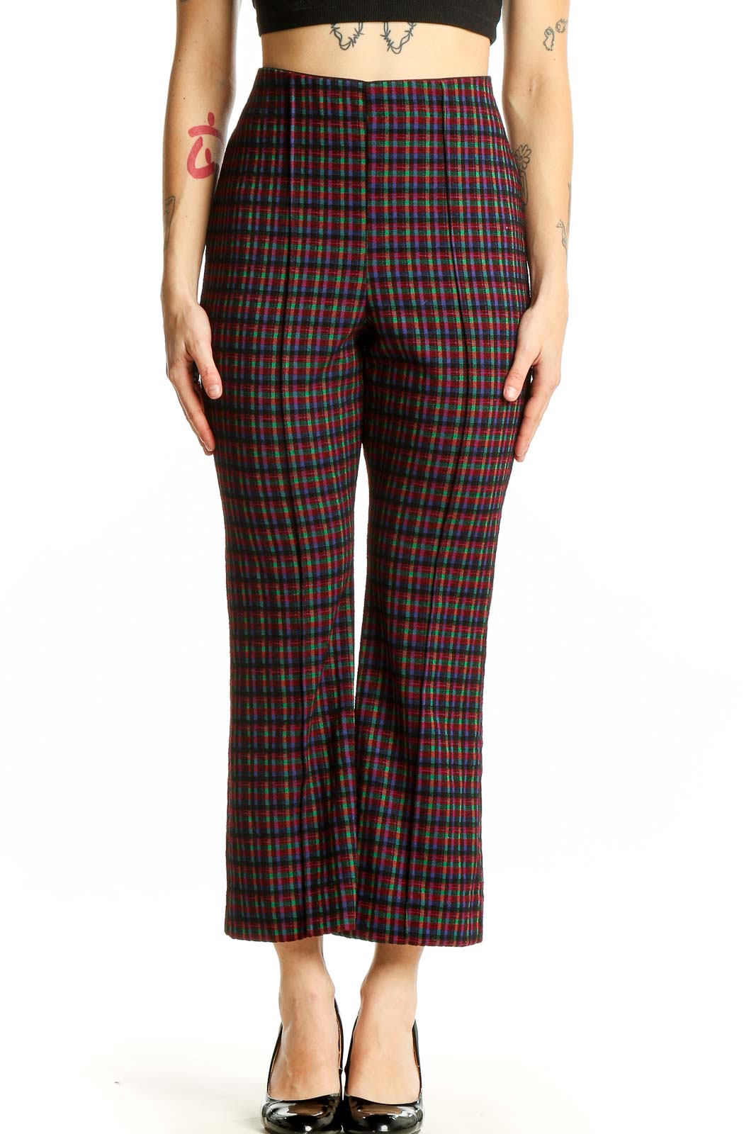 Multicolor Plaid Cropped Wide-Leg Pants Front