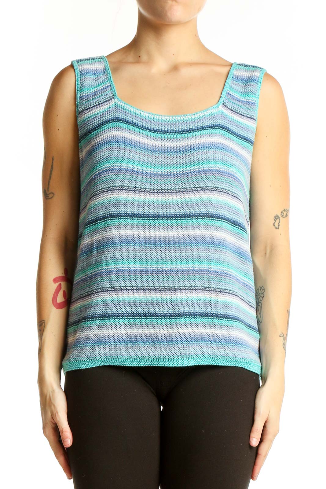 Blue Striped Knit Sleeveless Top Front