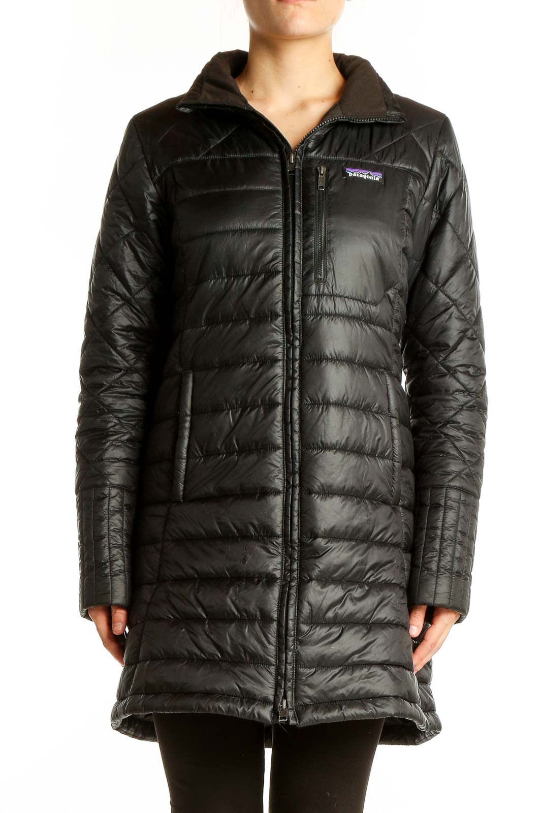 Black Quilted Long Puffer Coat Front