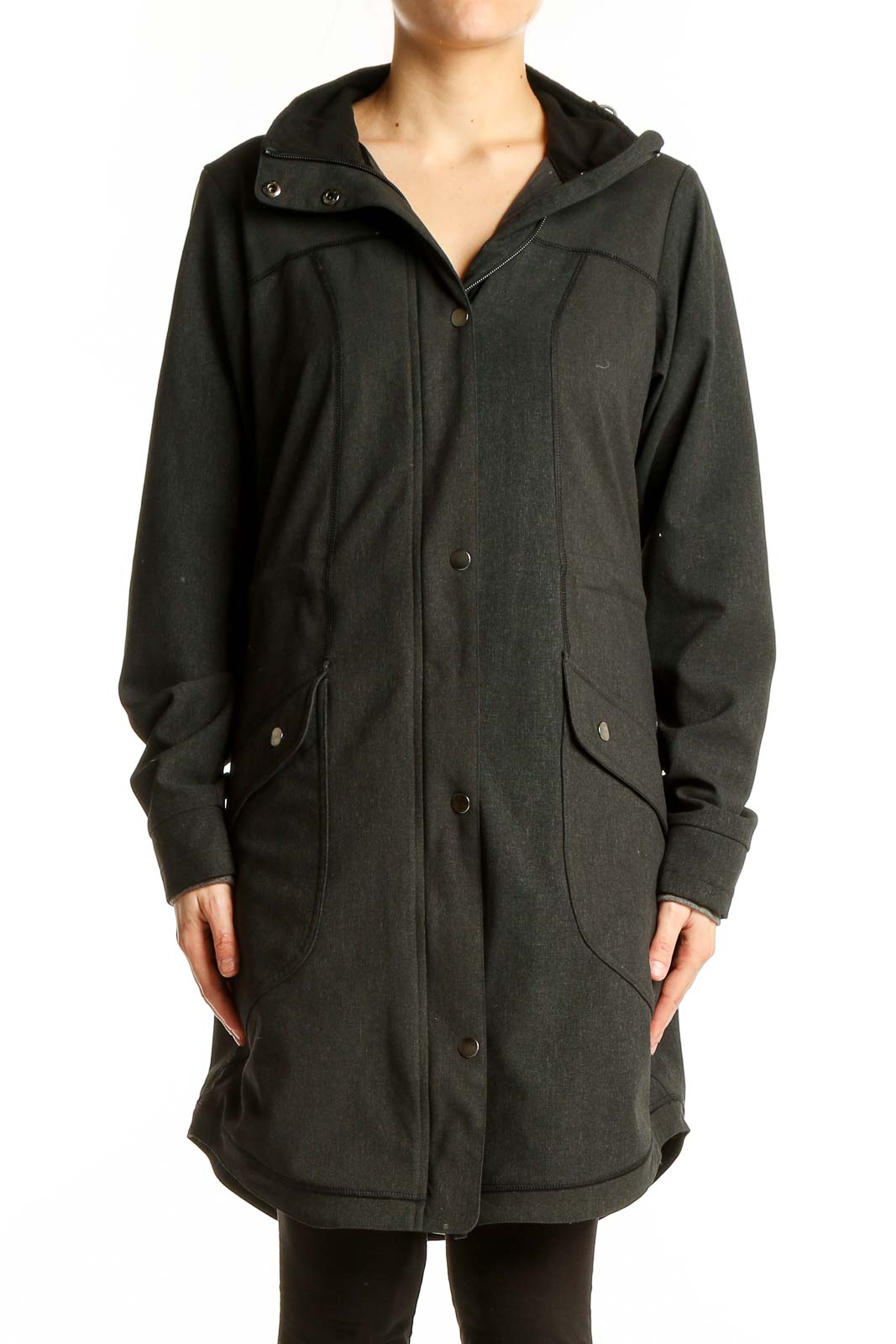Dark Green Nylon Blend Hooded Parka Front