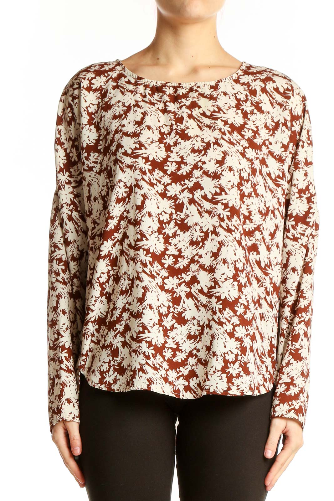 Brown Floral Long Sleeve Blouse Front