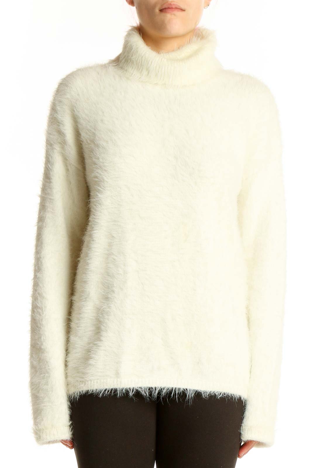 Cream Fuzzy Turtleneck Sweater Front