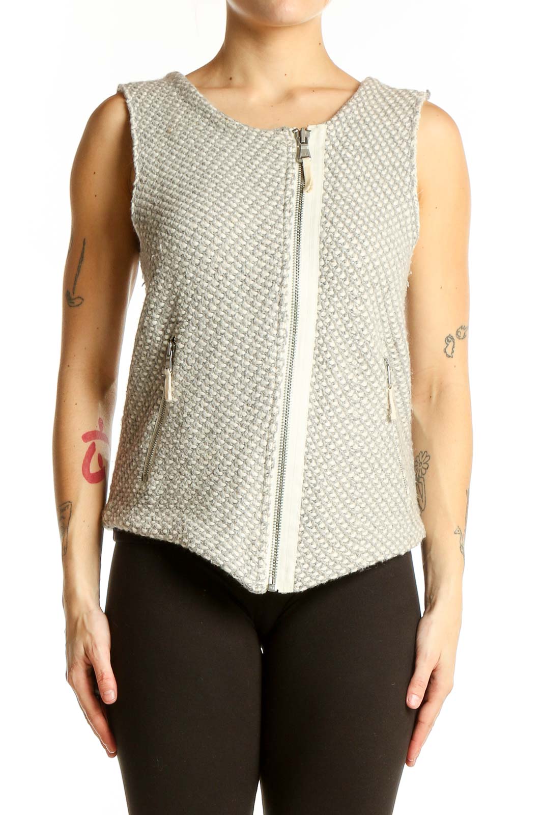 Gray Textured Zip-Front Sleeveless Vest Front
