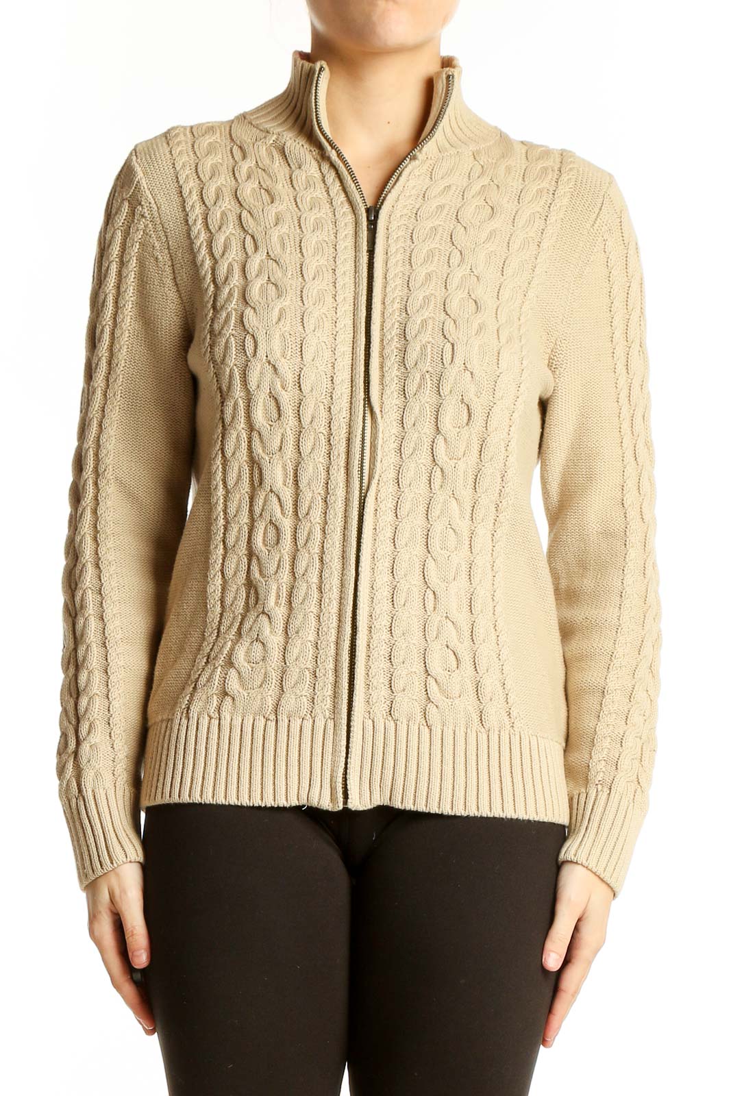 Beige Cable Knit Zip-Up Cardigan Sweater Front