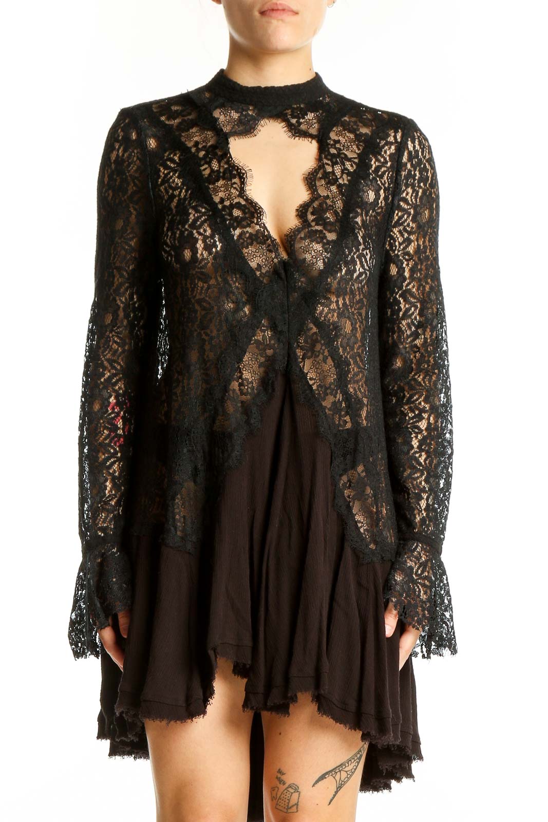 Black Lace Sheer Mini Dress Front