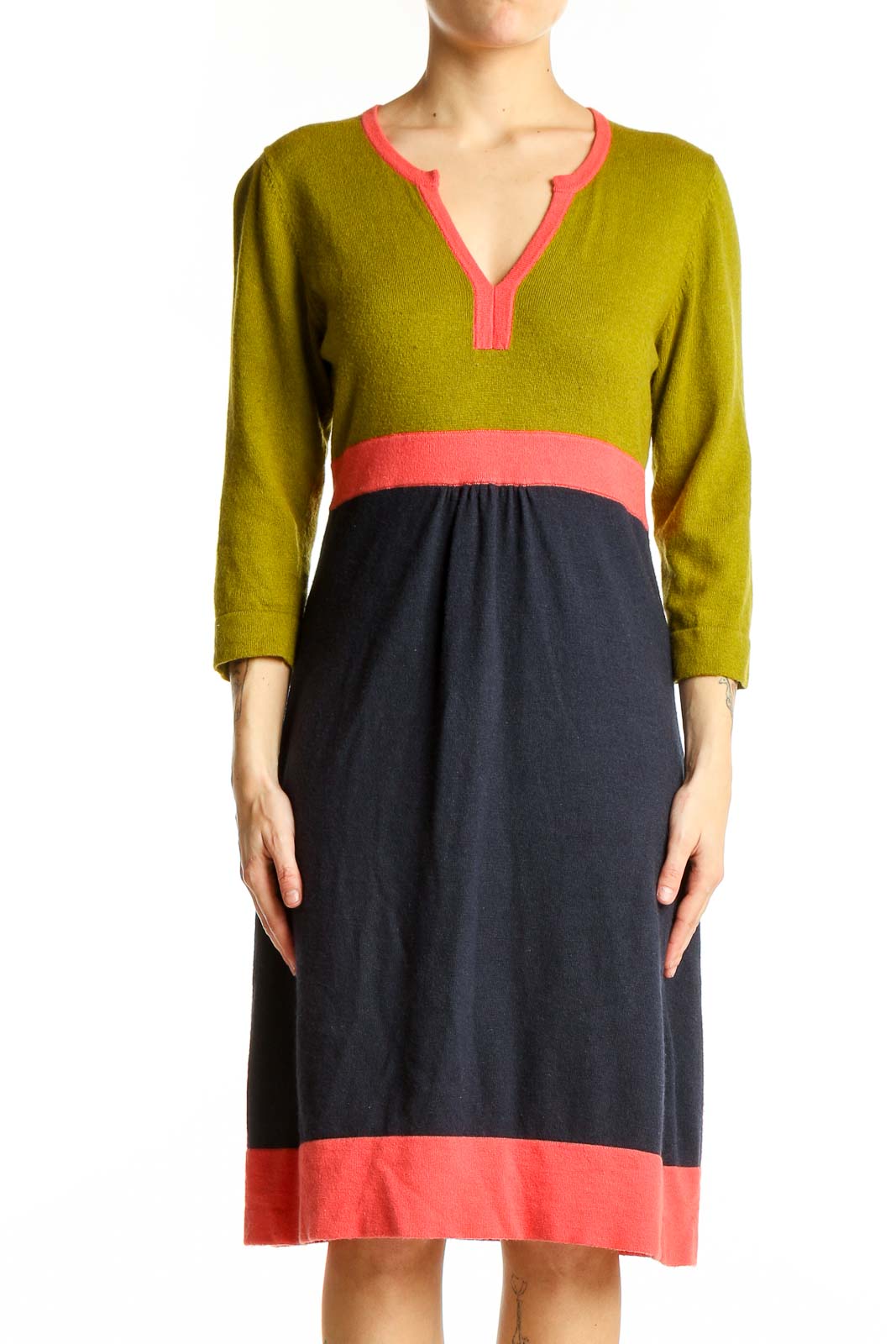 Green, Navy & Coral Color Block Dress Front