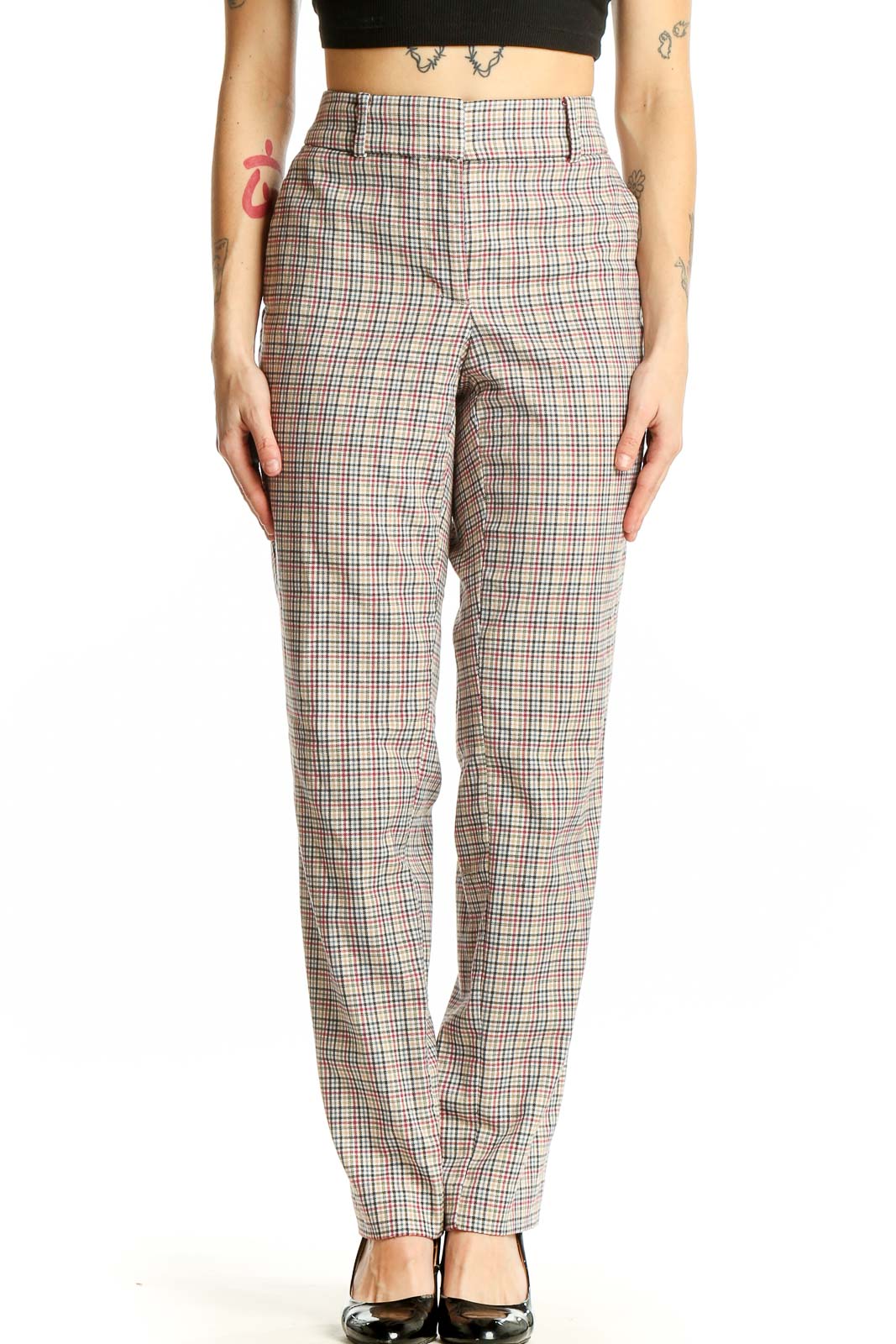 Beige Plaid Straight-Leg Trousers Front