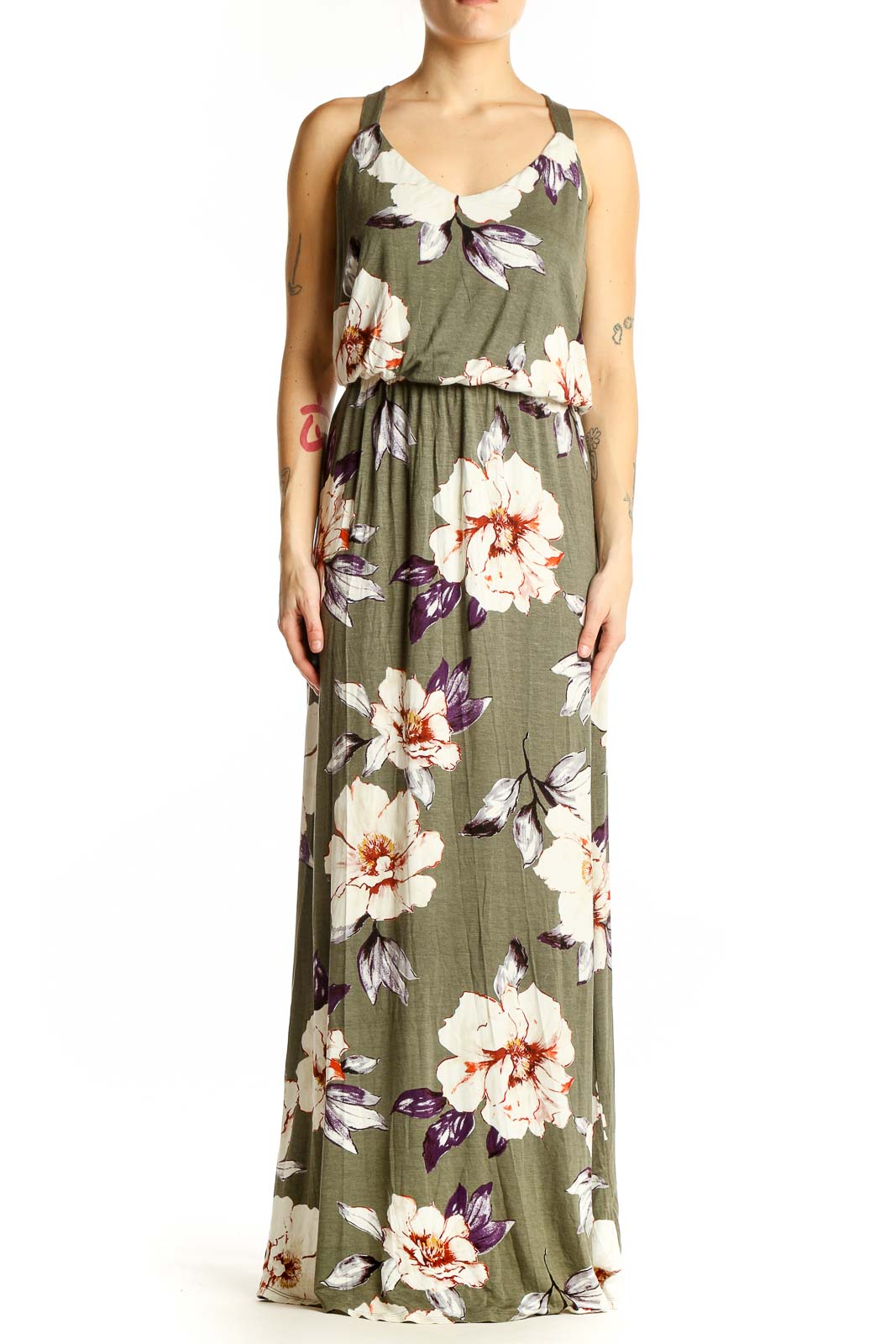 Olive Floral Maxi Dress Front