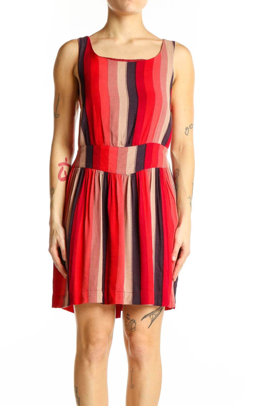 Red Striped Sleeveless Rayon Dress Front