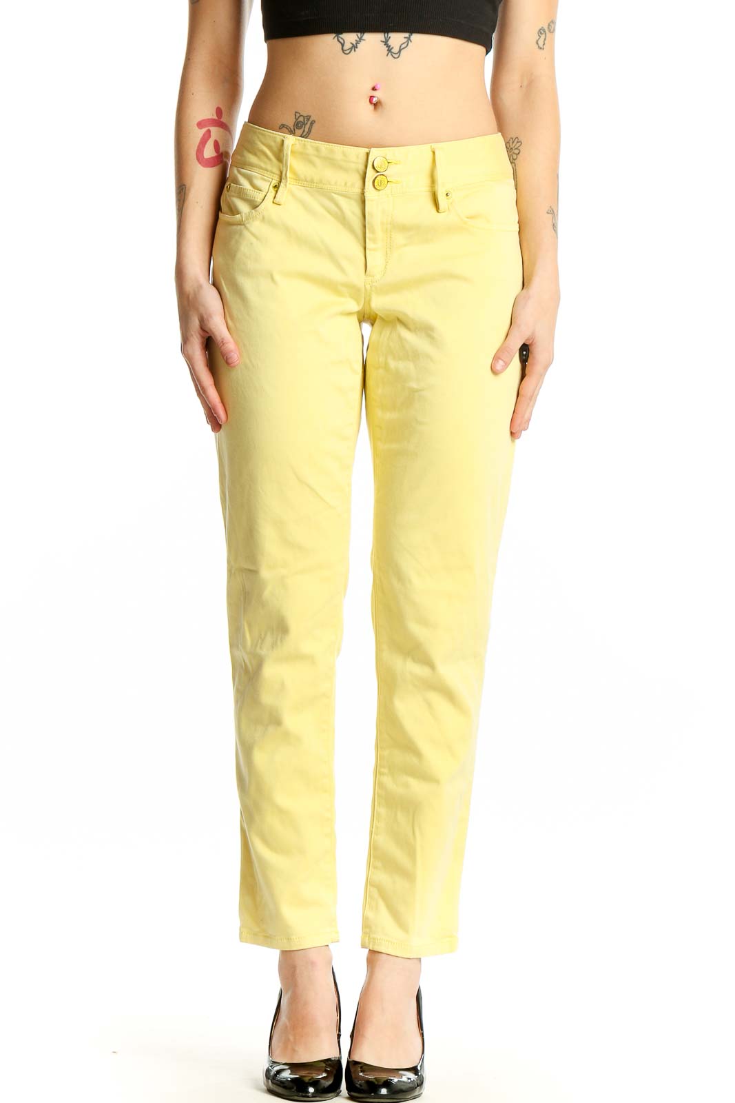 Yellow Cotton Blend Straight Leg Jeans Front