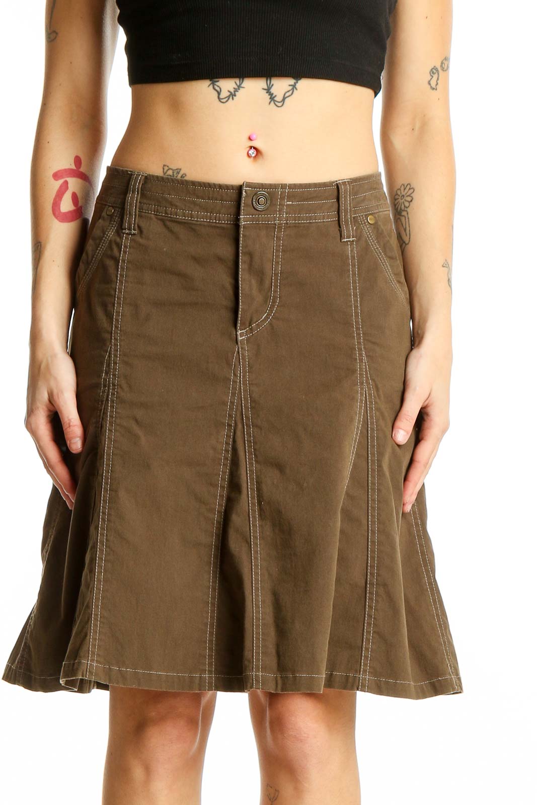 Brown A-Line Cotton Blend Skirt Front
