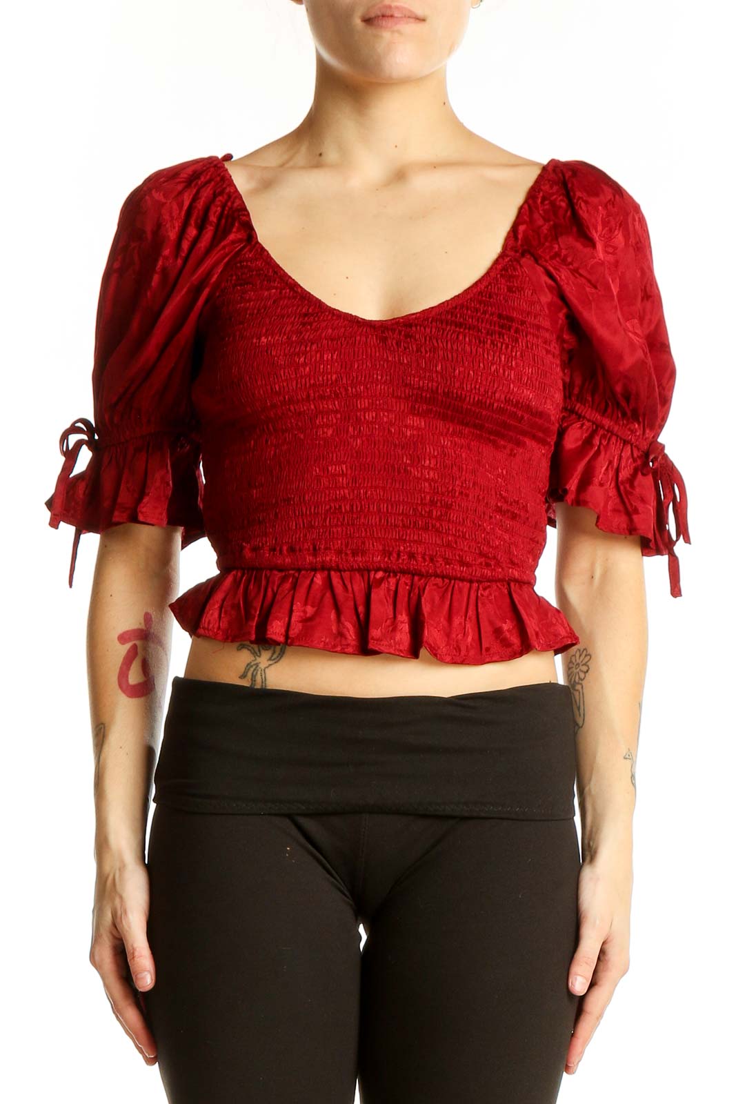 Red Smocked Puff Sleeve Crop Top Front