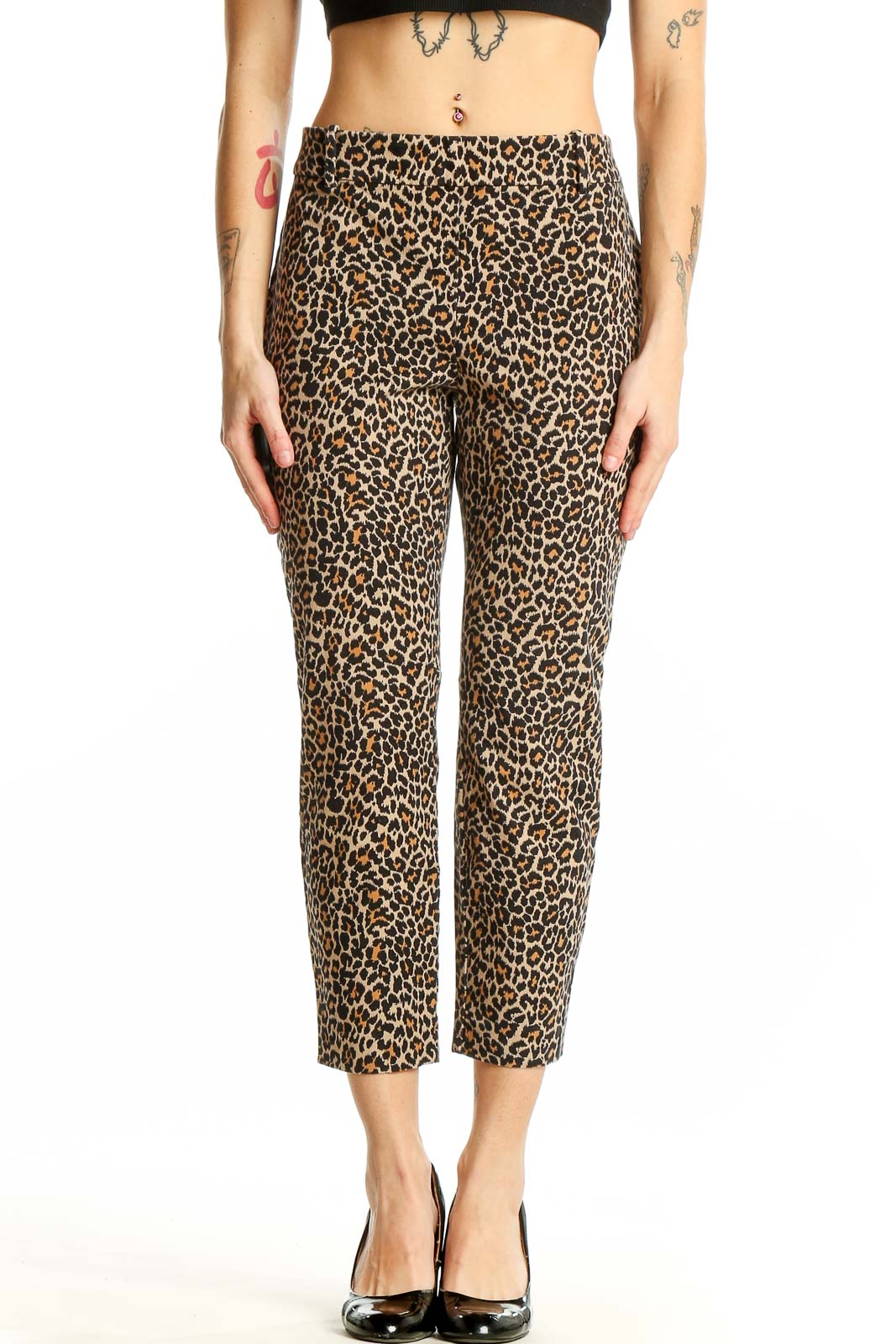 Leopard Print Cotton Blend Cropped Pants Front