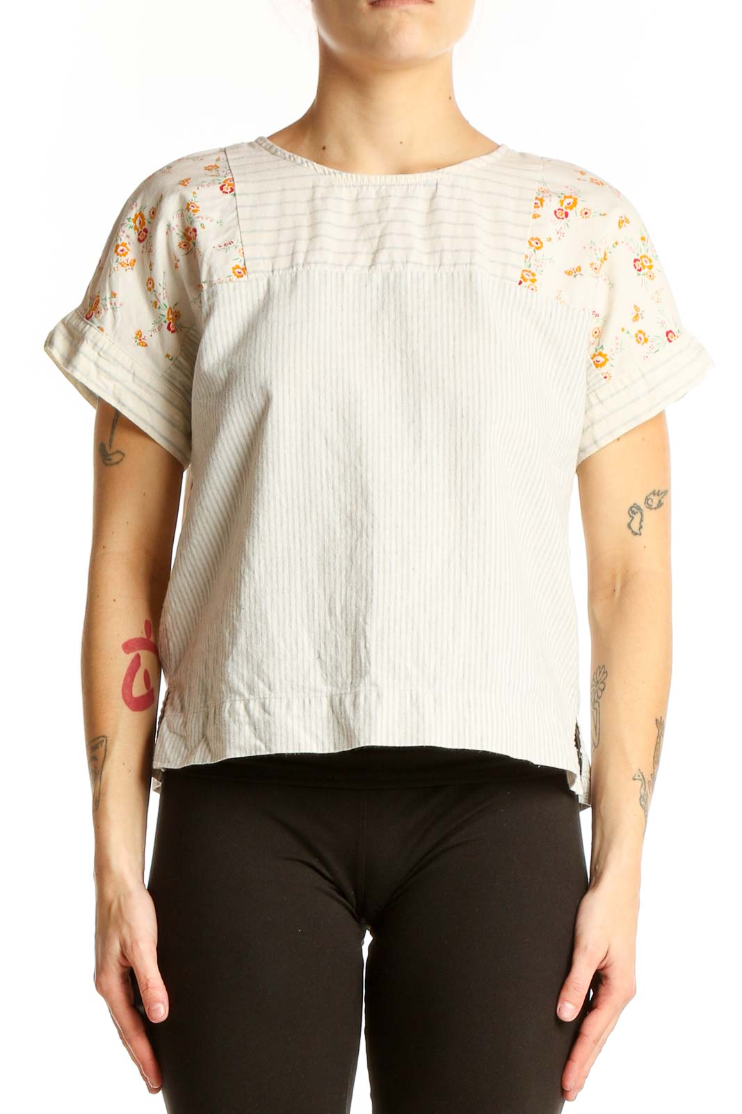 White Floral Cotton Short-Sleeve Top Front