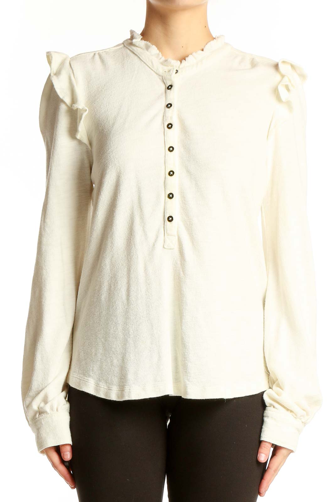 Ivory Ruffled Henley Knit Top Front
