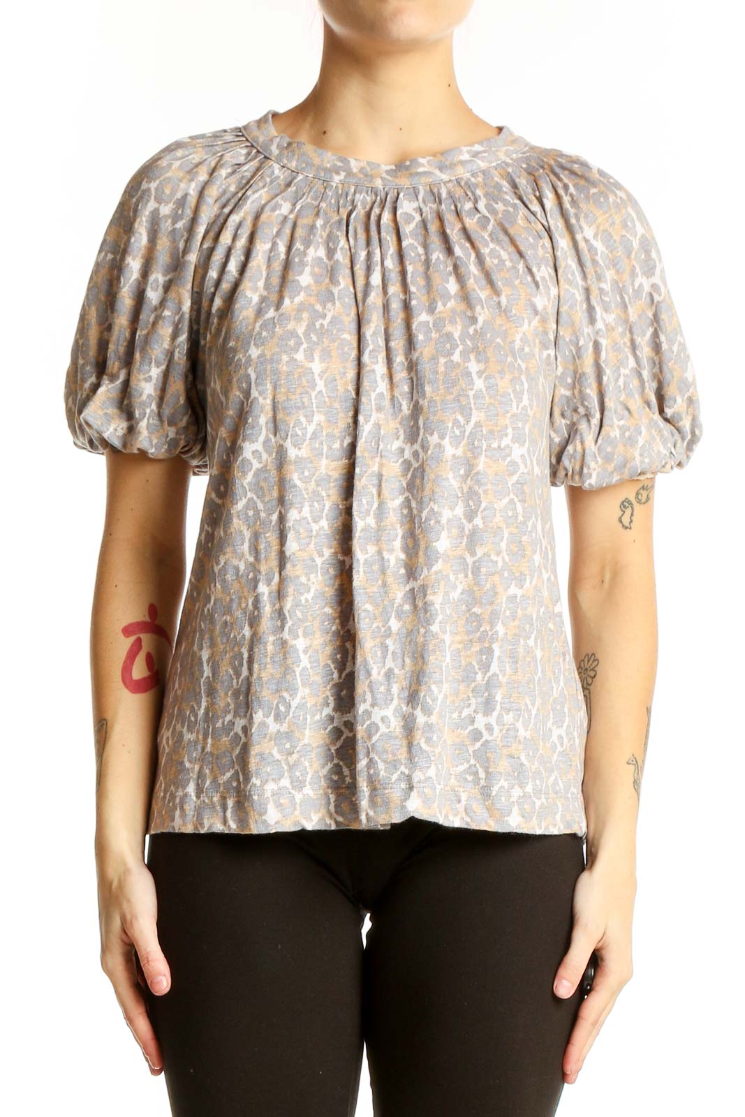 Beige Floral Puff Sleeve Linen Top Front