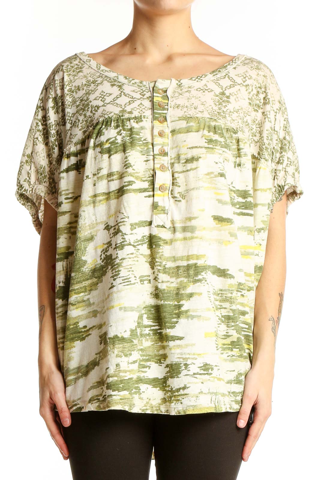 Green Abstract Print Cotton Top Front