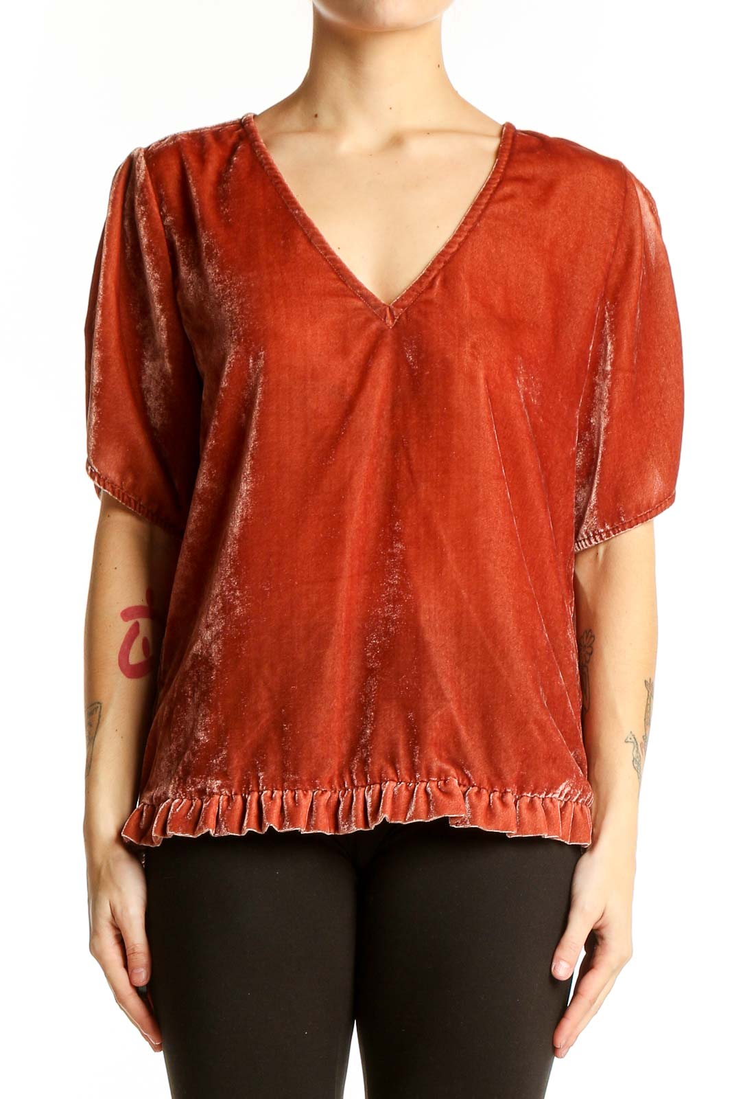 Rust Velvet V-Neck Blouse Front