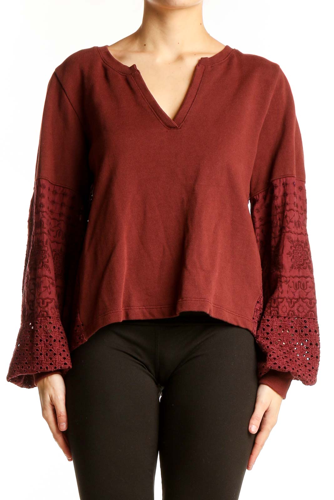 Burgundy Embroidered Bell Sleeve Knit Top Front